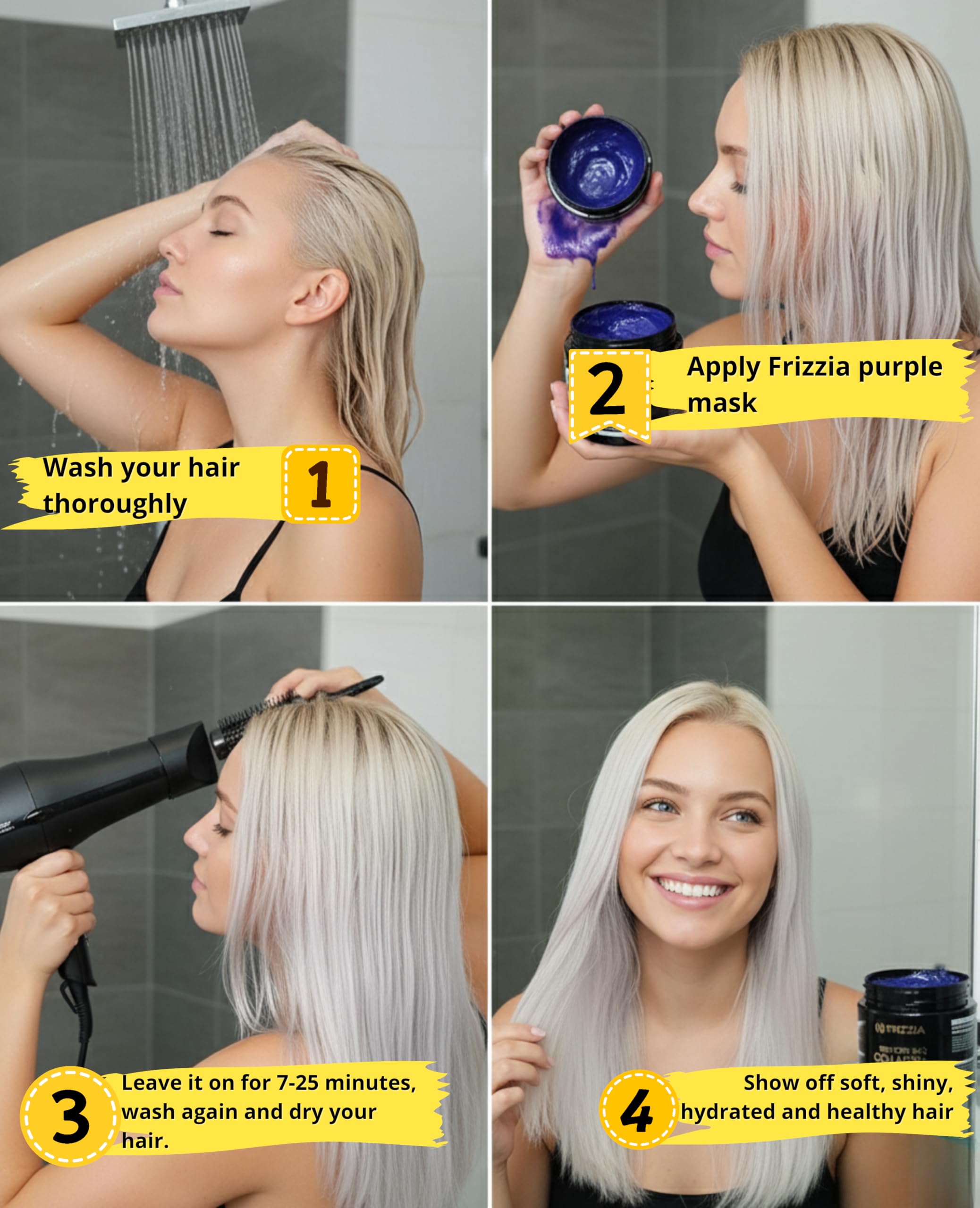 Frizzia Ultra Collagen Hair Mask hand application demonstrates easy weekly hydration.