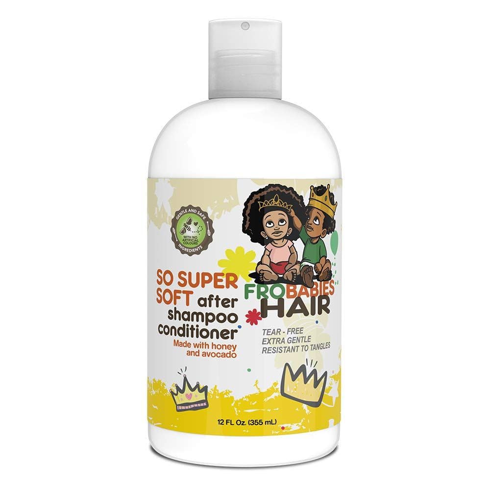 FroBabies Hair So Super Soft After Shampoo Conditioner bottle pour promotes easy detangling.