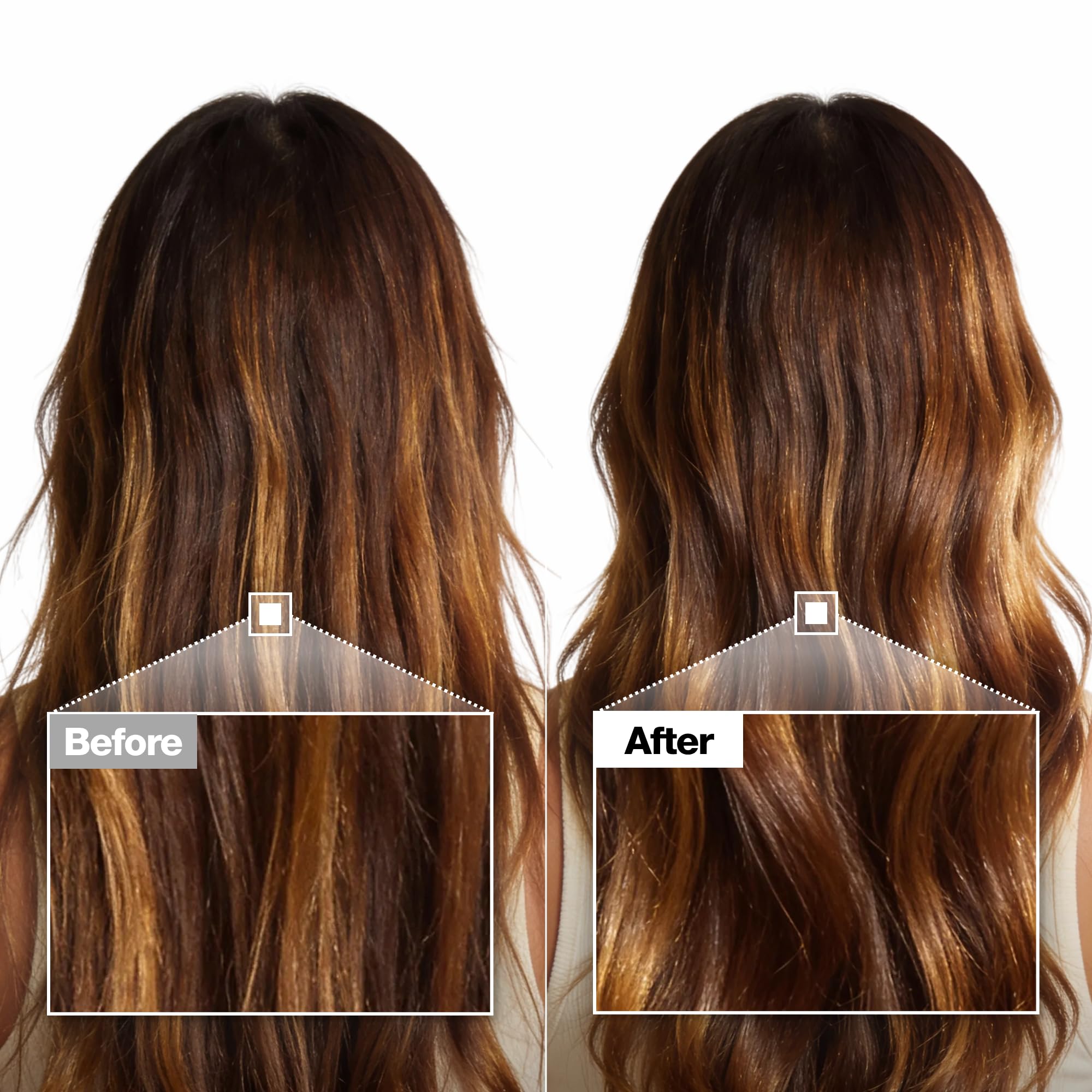 Cheveux FROMLABS après traitement: apparence plus lisse et brillante.