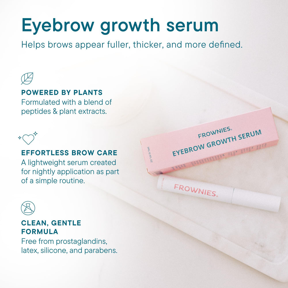Frownies Brow Serum bottle with applicator for easy nightly use.