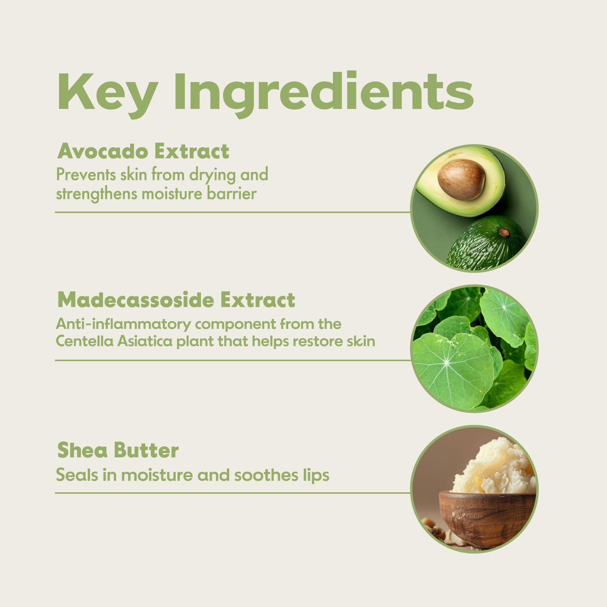 Avocado oil and Centella Asiatica provide soothing hydration on lips