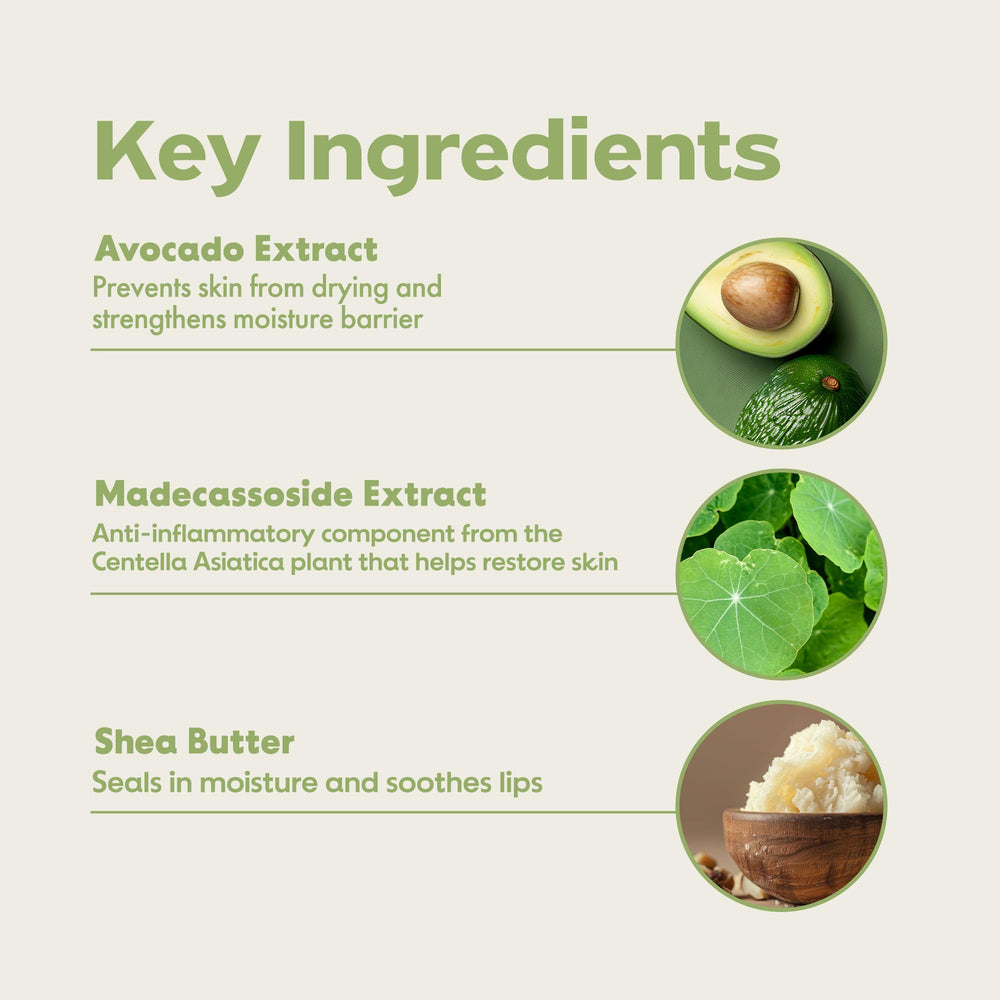 Avocado oil and Centella Asiatica provide soothing hydration on lips