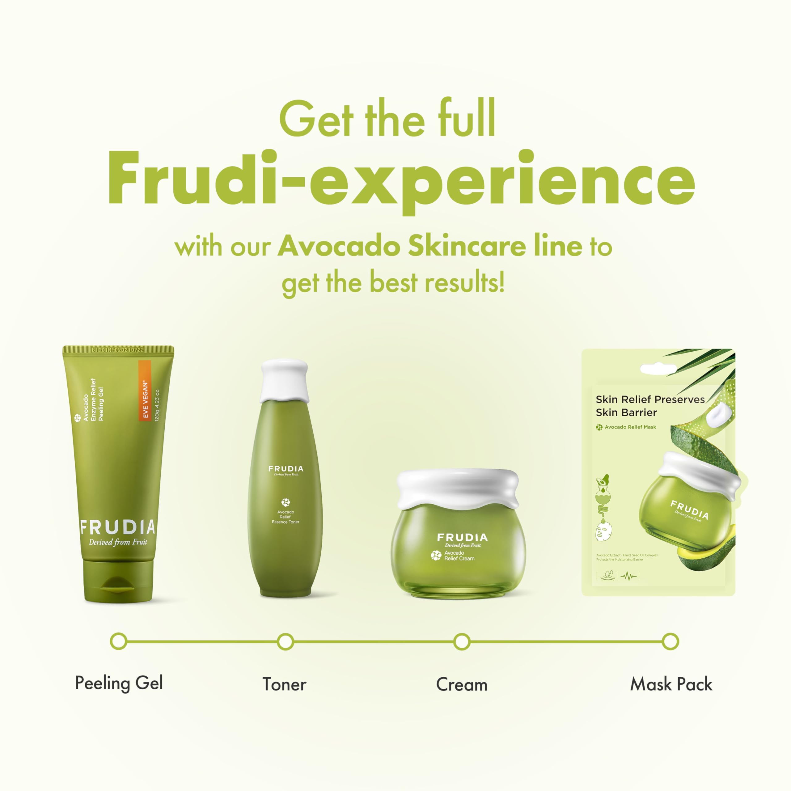 FRUDIA Avocado Relief Face Cream jar on clean surface emphasizing vegan, cruelty-free care