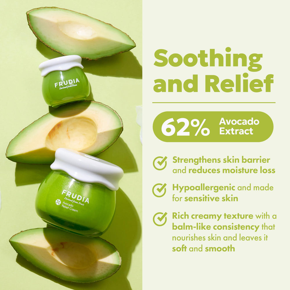 Texture closeup of FRUDIA Avocado Relief Face Cream highlighting rich balm-like consistency