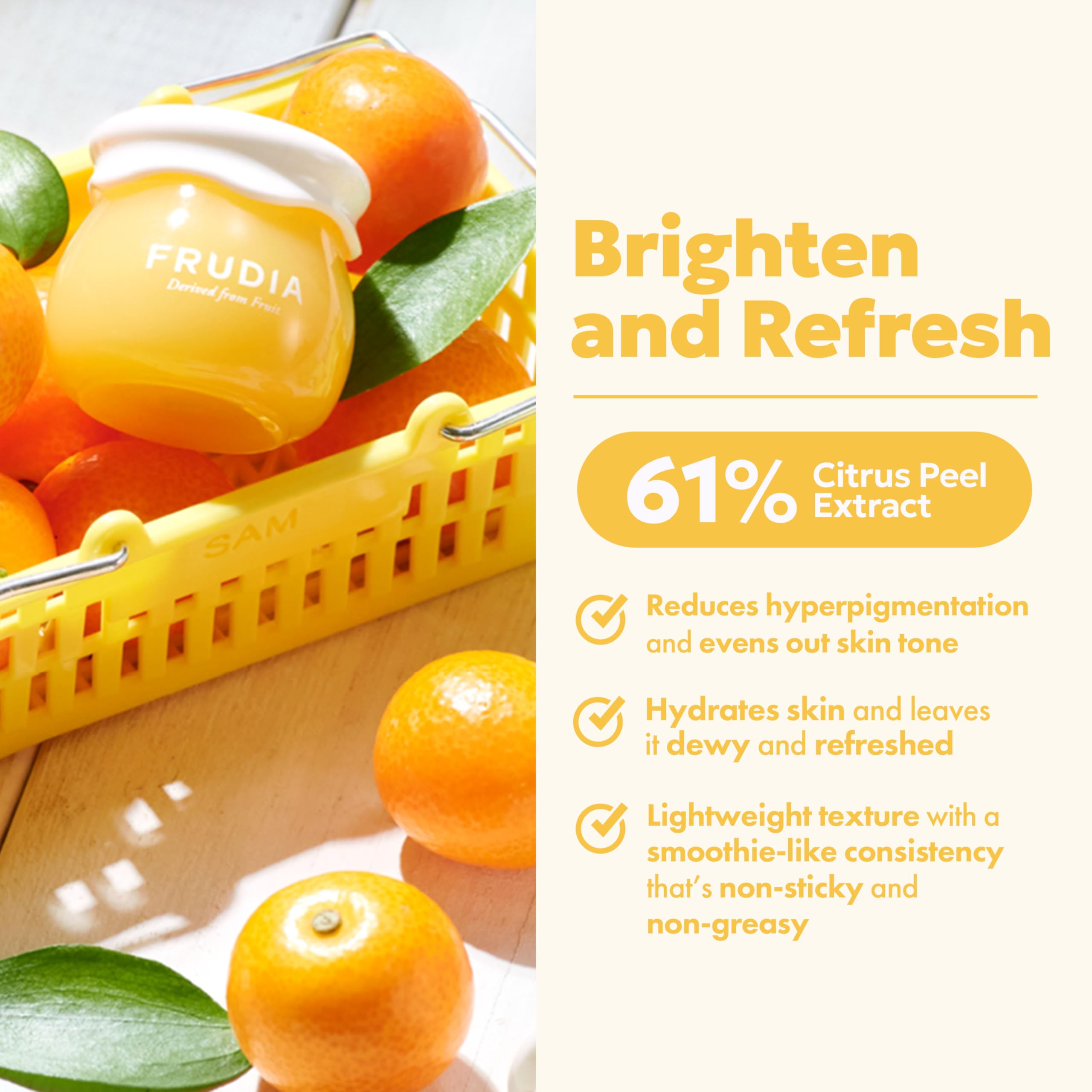 FRUDIA Citrus Brightening Cream texture close-up with silky finish.
