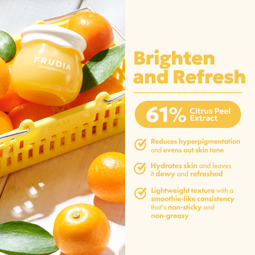 FRUDIA Citrus Brightening Cream texture close-up with silky finish.