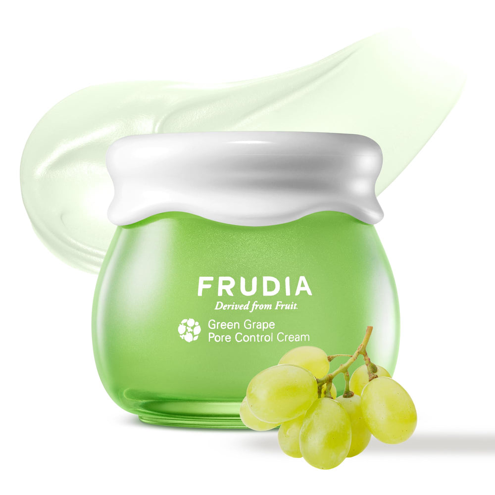 FRUDIA Green Grape Pore Control bottle highlights cooling and oil-control benefits for daily use.