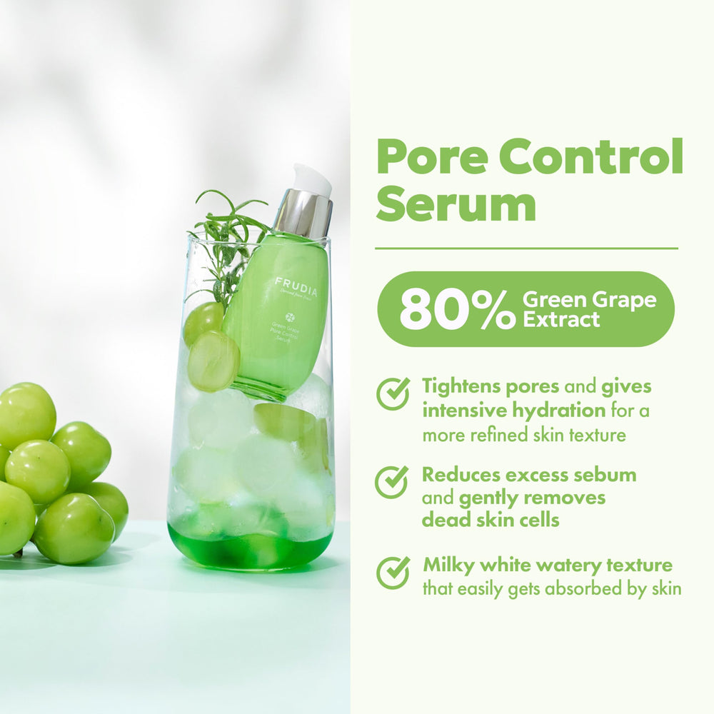 FRUDIA Green Grape Serum milky texture visualized for quick absorption and smooth finish.