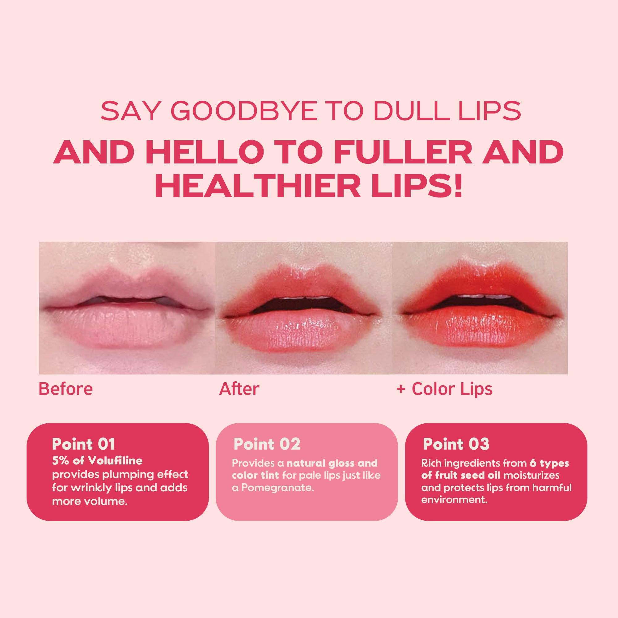 Frudia lip balm application close-up exposing shiny, hydrating lip glaze.