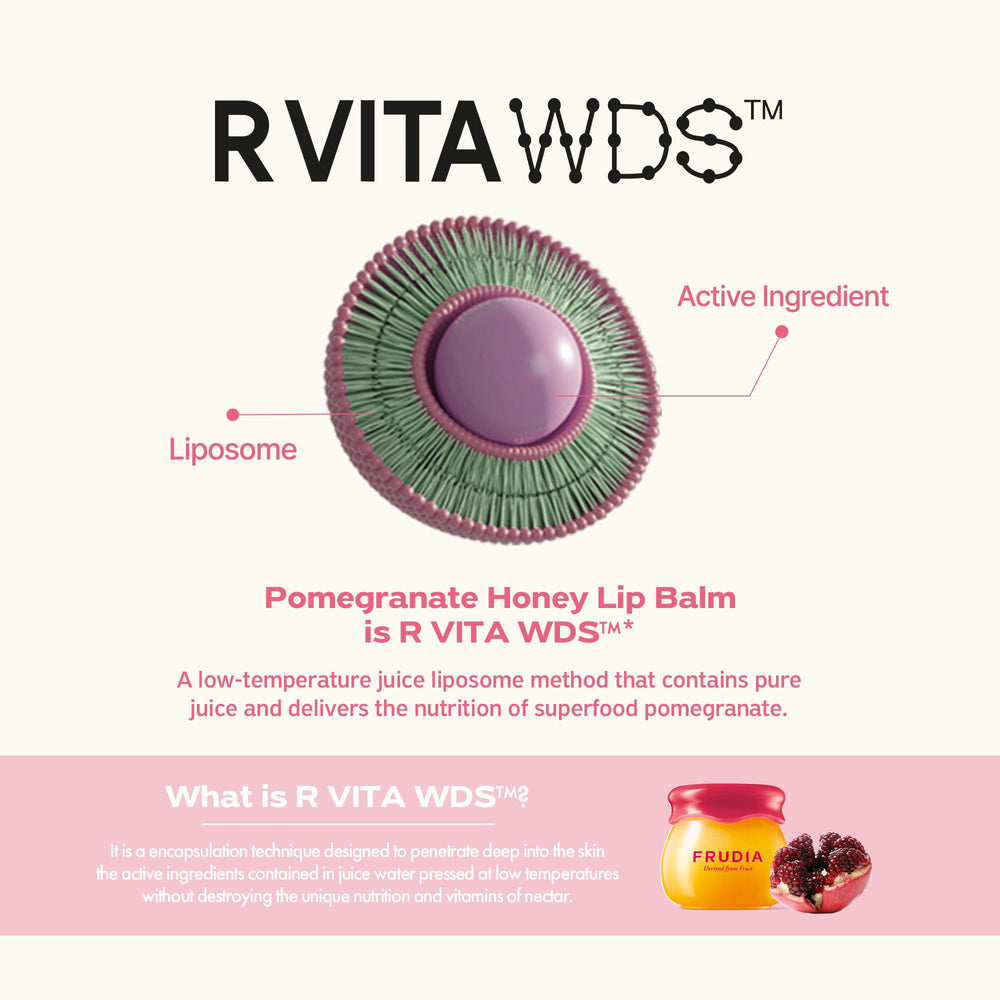 Frudia Pomegranate Honey Lip Balm packaging and ingredient highlights.