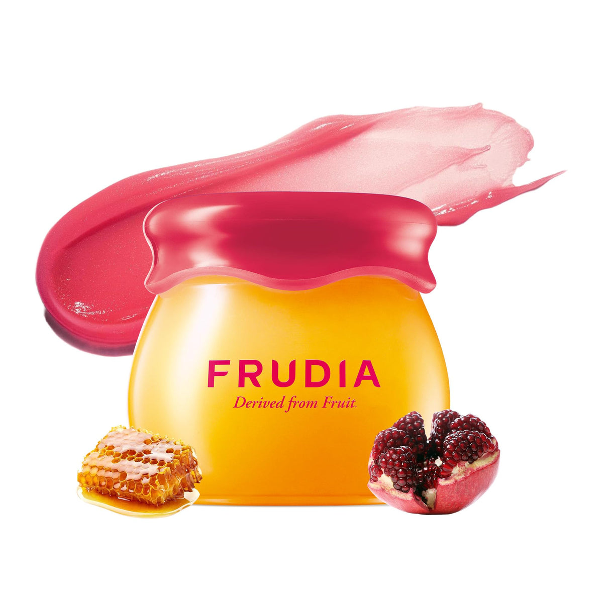 Frudia Pomegranate Honey Lip Balm tube with translucent red tint and hydration.