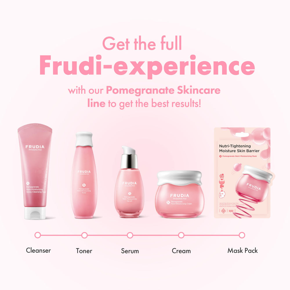 FRUDIA Pomegranate toner applied to face for refreshed, non-greasy finish