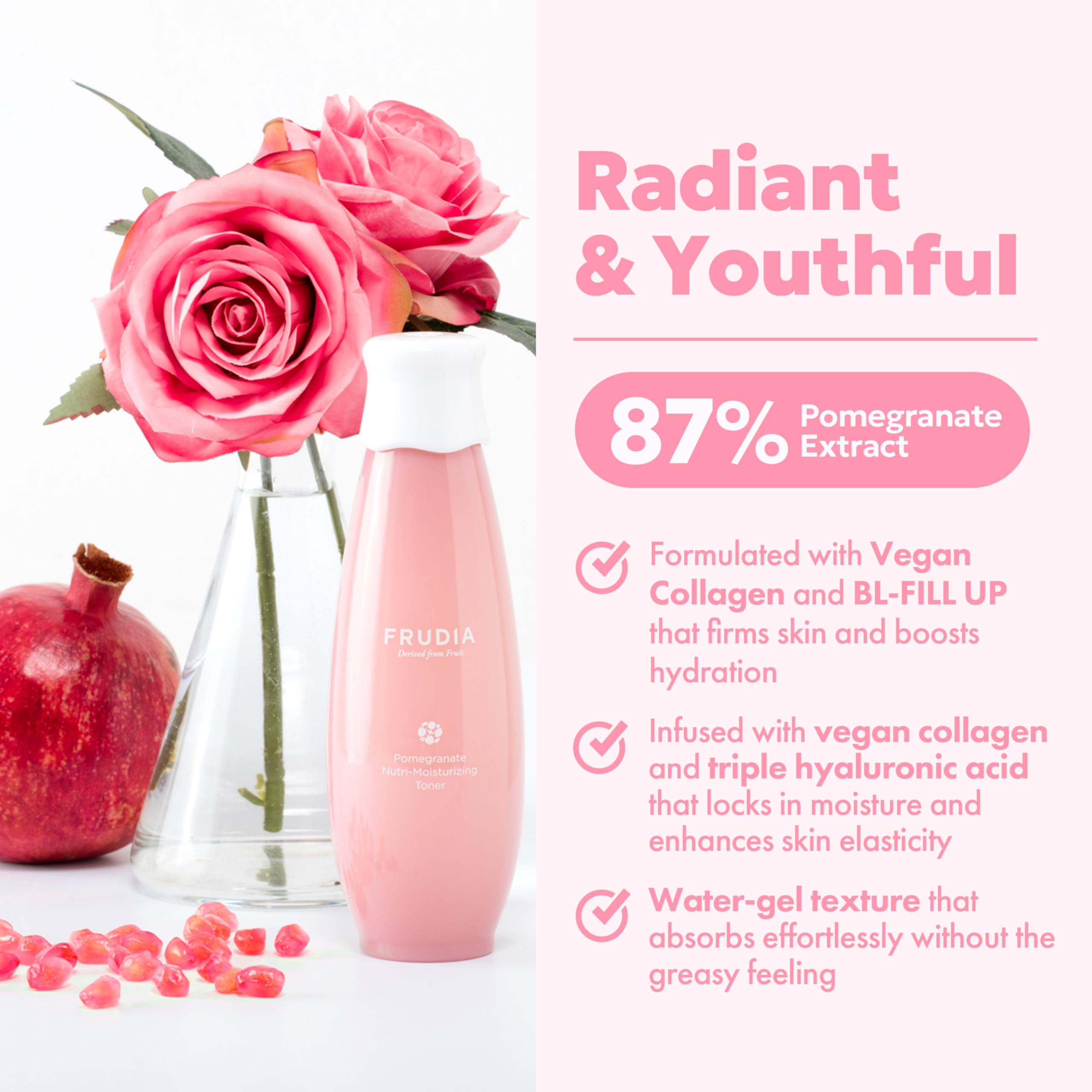 FRUDIA Pomegranate toner packaging emphasizes vegan and cruelty-free skincare