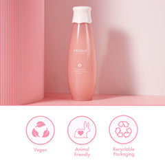 FRUDIA Pomegranate toner swirls on skin to show water-gel texture