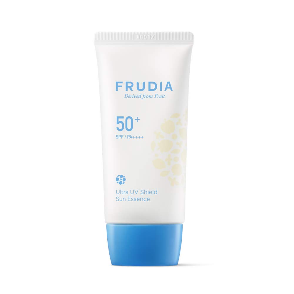 FRUDIA Welcos Sun Block Day Cream Essence bottle on white background provides daily hydration and protection.