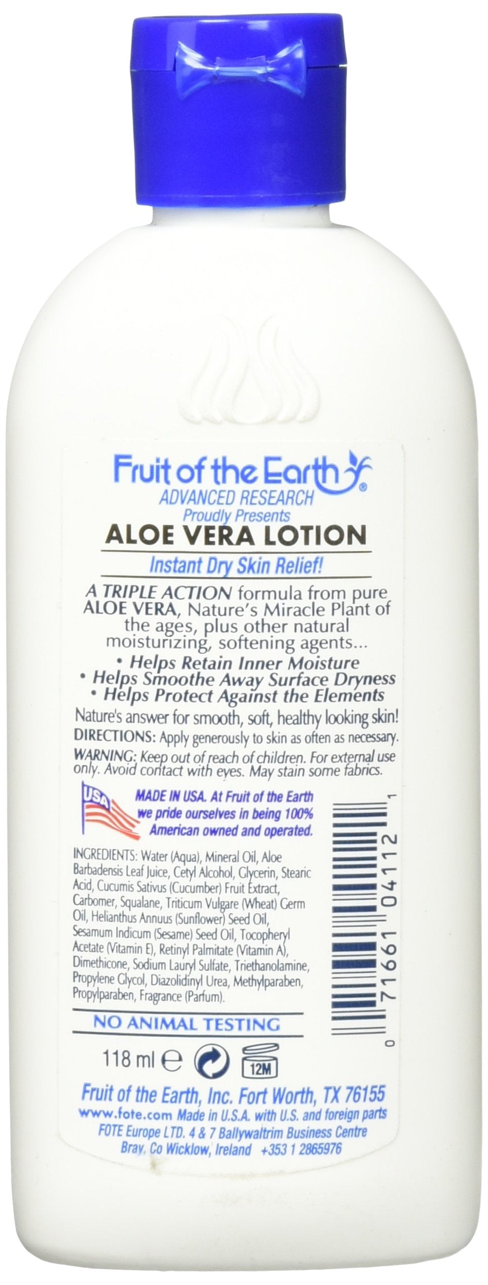 Fruit of the Earth Aloe Vera Lot label close-up highlighting natural moisturizers for daily hydration