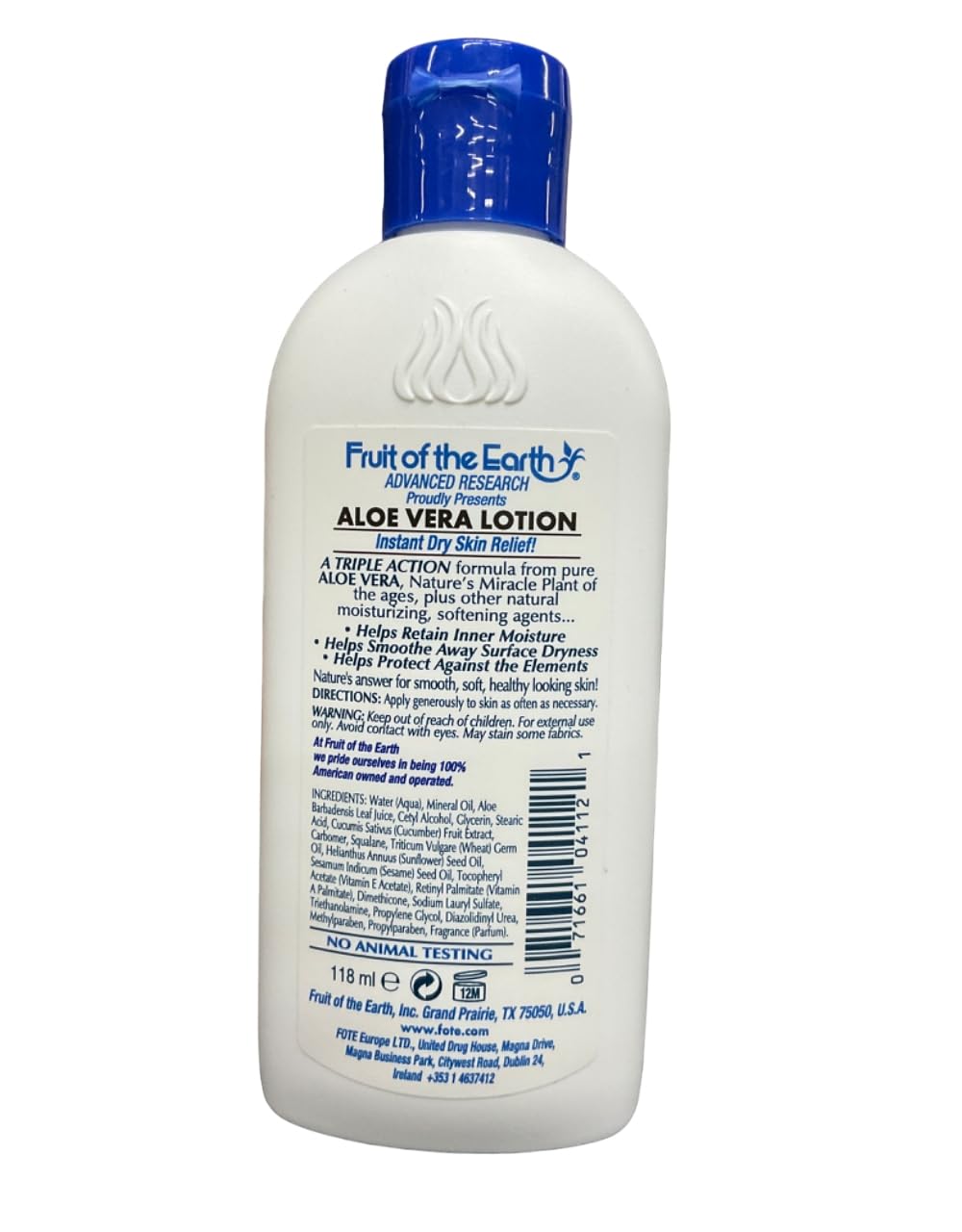 Fruit of the Earth Aloe Vera Lotion dispensing pump, smooth application for dry skin.