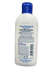 Fruit of the Earth Aloe Vera Lotion dispensing pump, smooth application for dry skin.