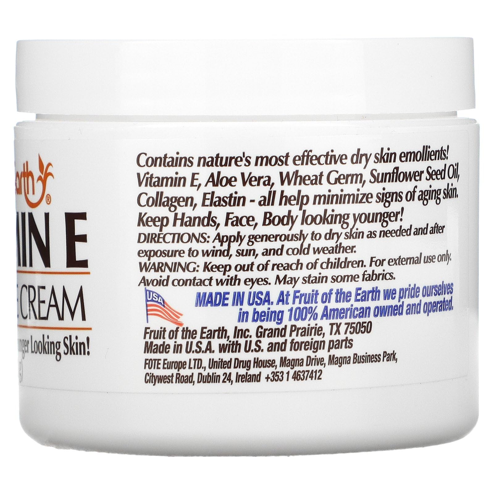 Fruit of the Earth Bogo Cream Vitamin-E 4oz jar close-up showing creamy blend for face and body.