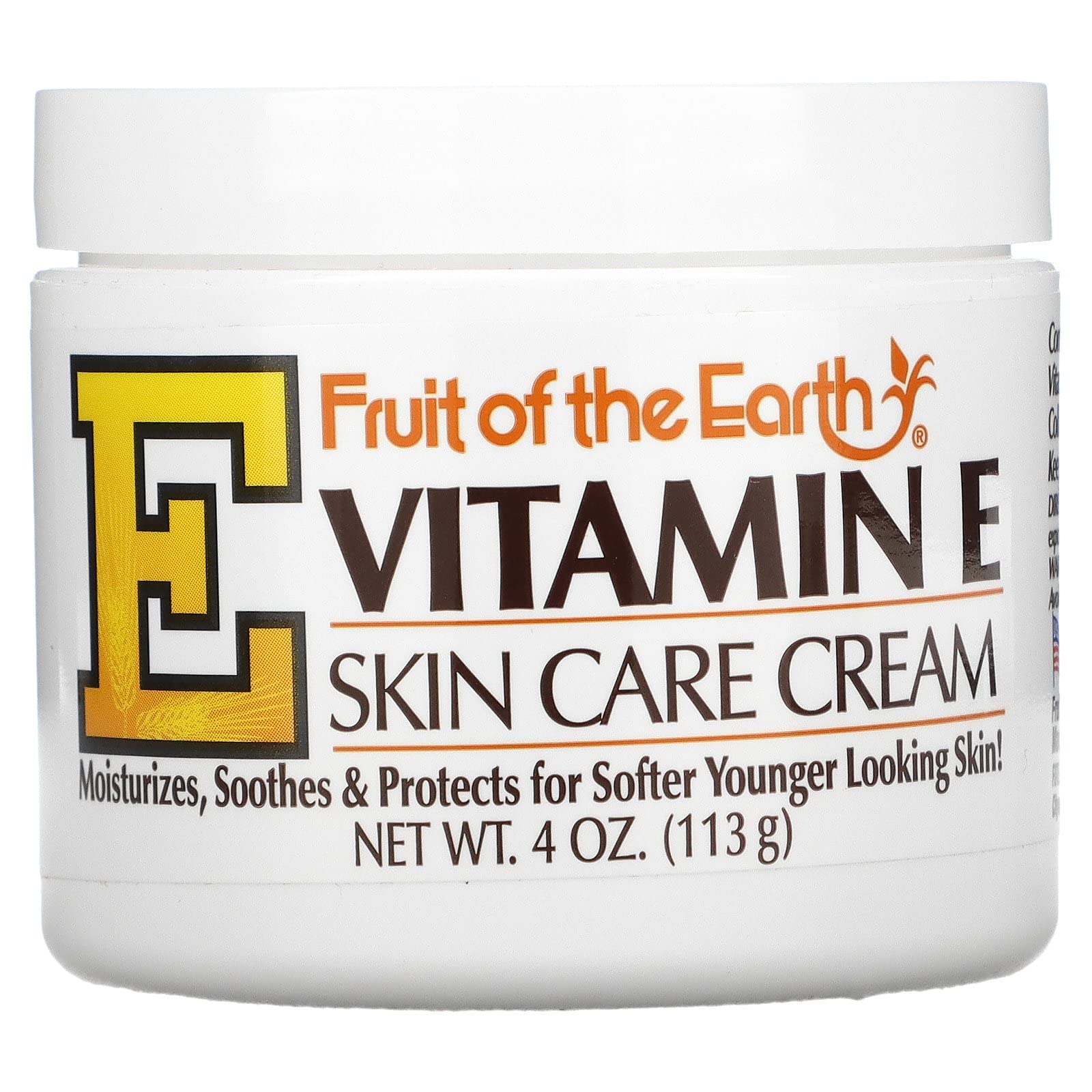 Fruit of the Earth Bogo Cream Vitamin-E 4oz jar with smooth texture for dry skin hydration.