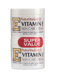 Fruit of the Earth Vitamin-E Cream jar close-up for moisturized, smoother skin.