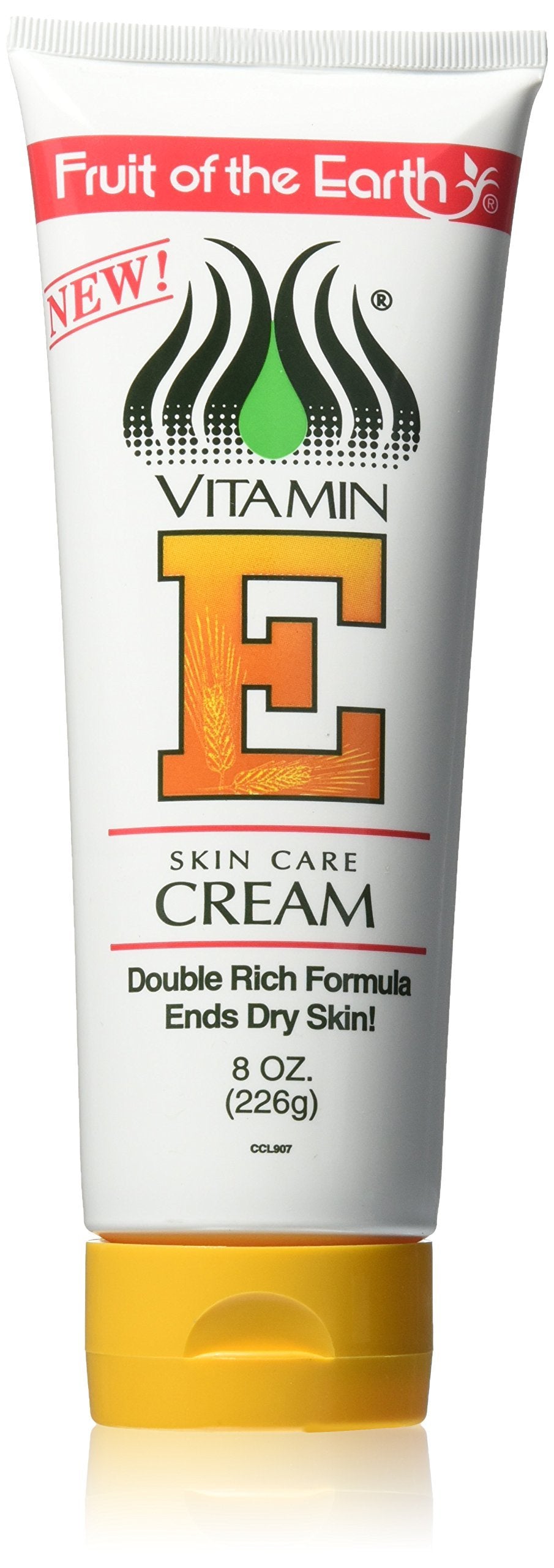 Fruit of the Earth Vitamin-E Cream tube label closeup showing nourishing formula for dry skin.