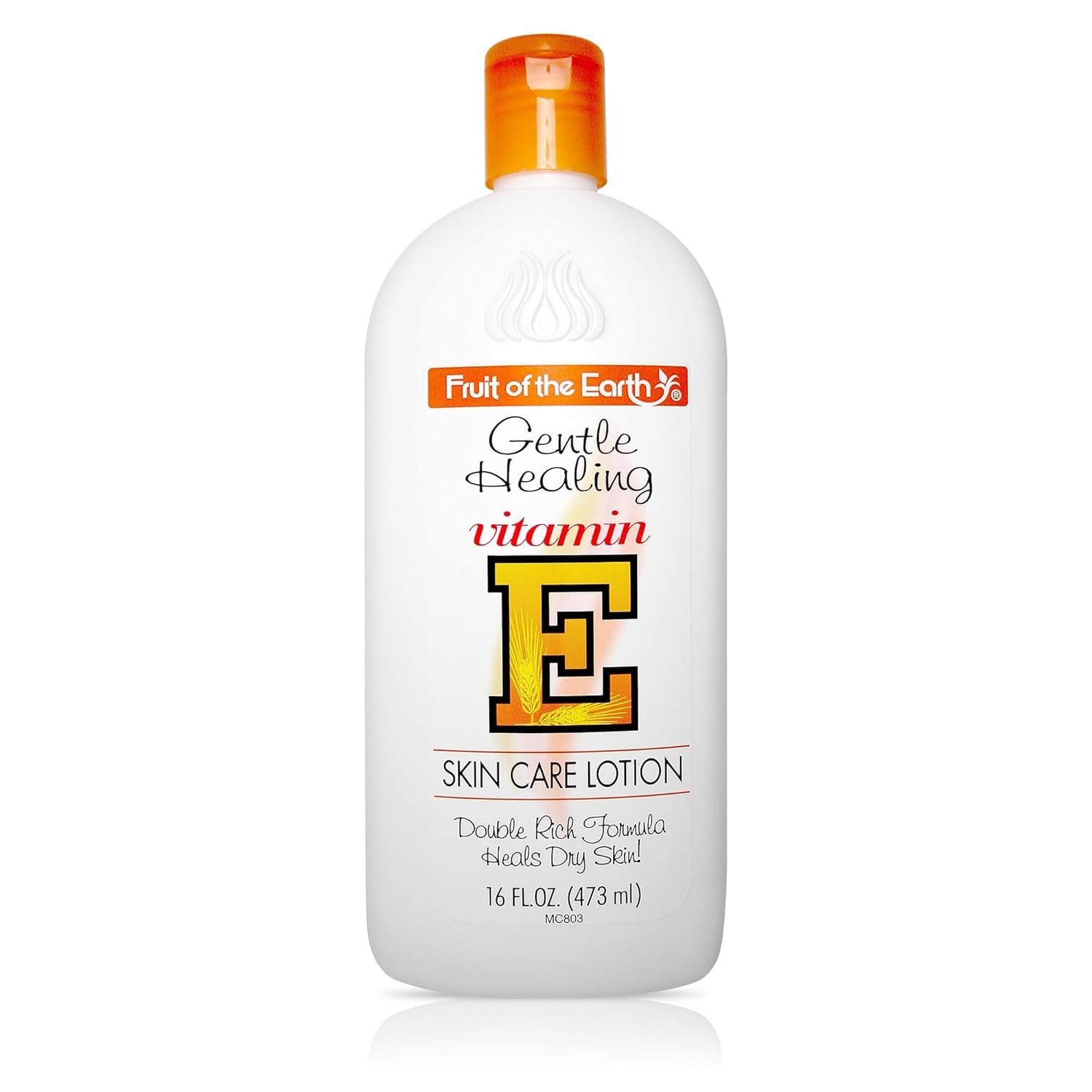 Fruit of the Earth Vitamin E Lotion 16oz bottle pour demonstrates easy application
