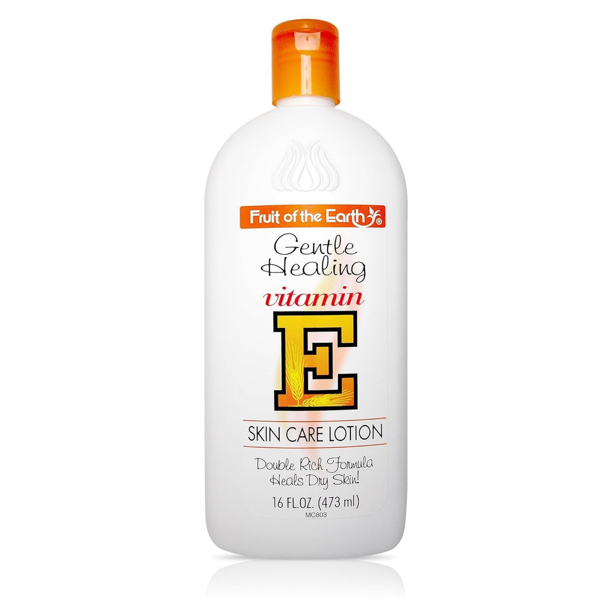 Fruit of the Earth Vitamin E Lotion 16oz bottle pour demonstrates easy application