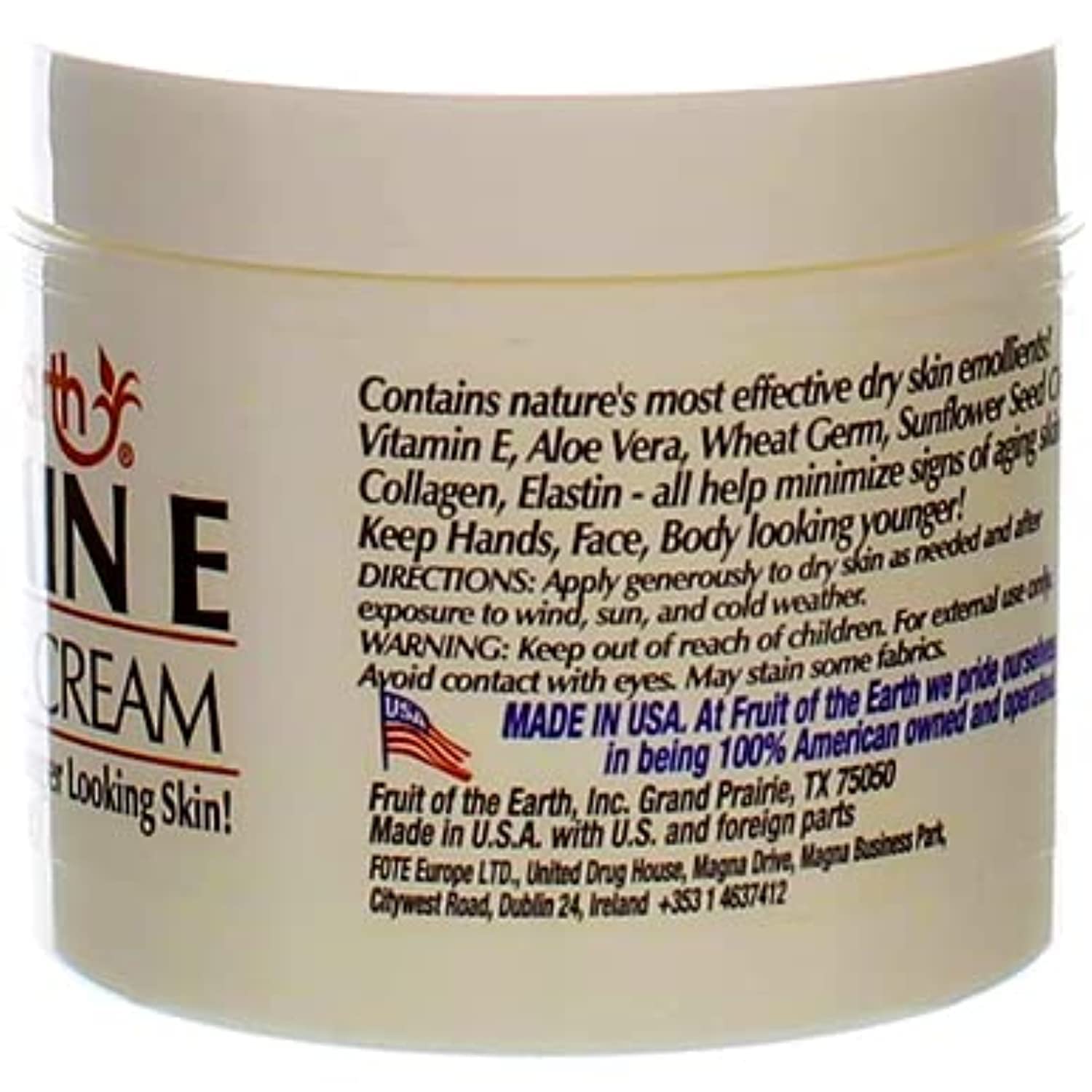 Fruit of the Earth Vitamin E Skin Care Cream cruelty-free badge reinforces ethical skincare choice.