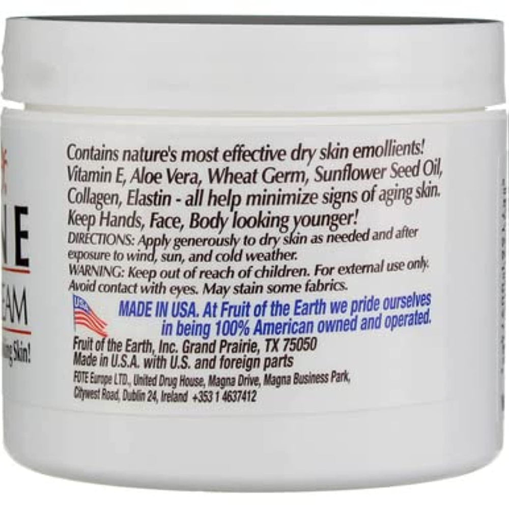 Fruit of the Earth Vitamin E Skin Care Cream ingredients closeup highlights natural emollients.