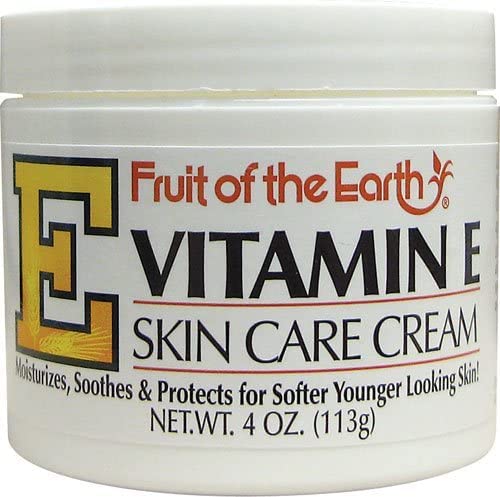 Fruit of the Earth Vitamin E Skin Care Cream label closeup highlighting emollient blend.
