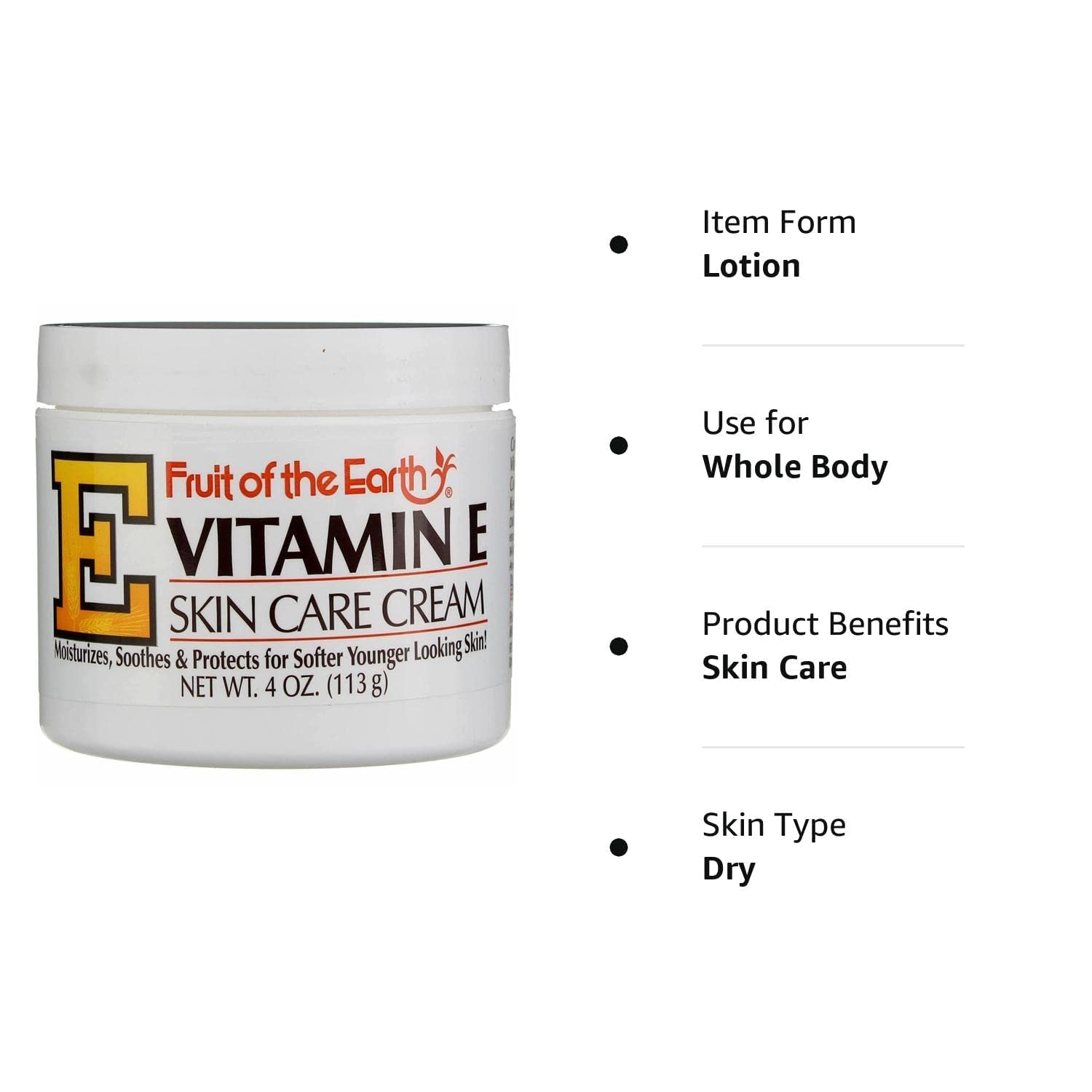 Fruit of the Earth Vitamin E Skin Care Cream texture swirl emphasizes smooth, non-greasy finish.