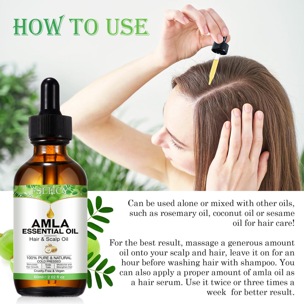 FSLHCY Amla Oil label close-up shows vegan, natural ingredients.