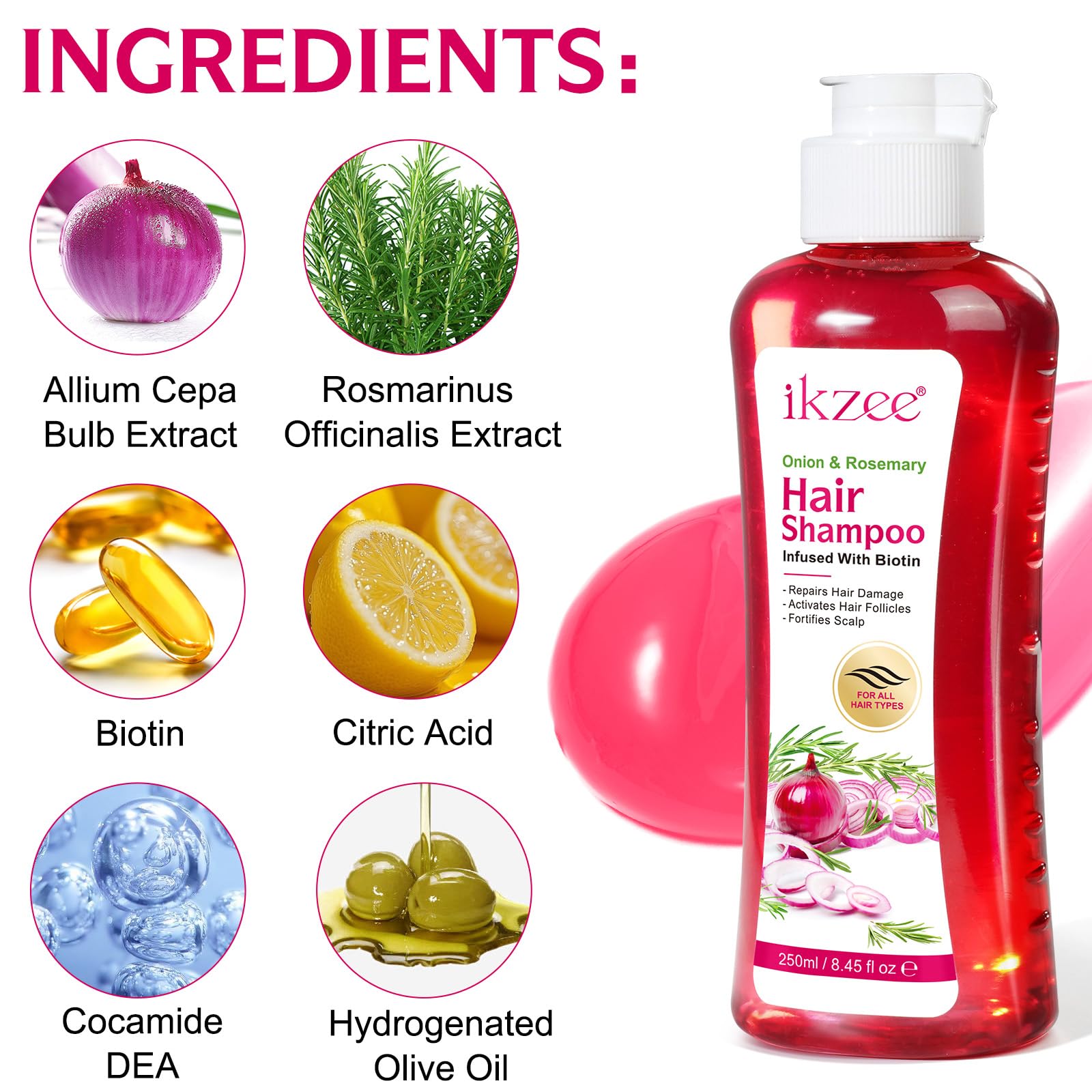Close-up of onion, rosemary, biotin ingredients in FSLHCY blend.