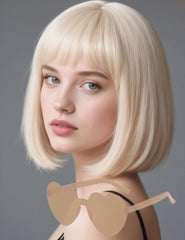 FSLLZCJY Blonde Bob Wig with Heart Sunglasses front view shows bold, fashion-ready style