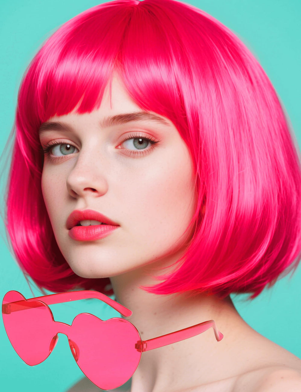 FSLLZCJY pink bob wig with heart sunglasses for cosplay and parties
