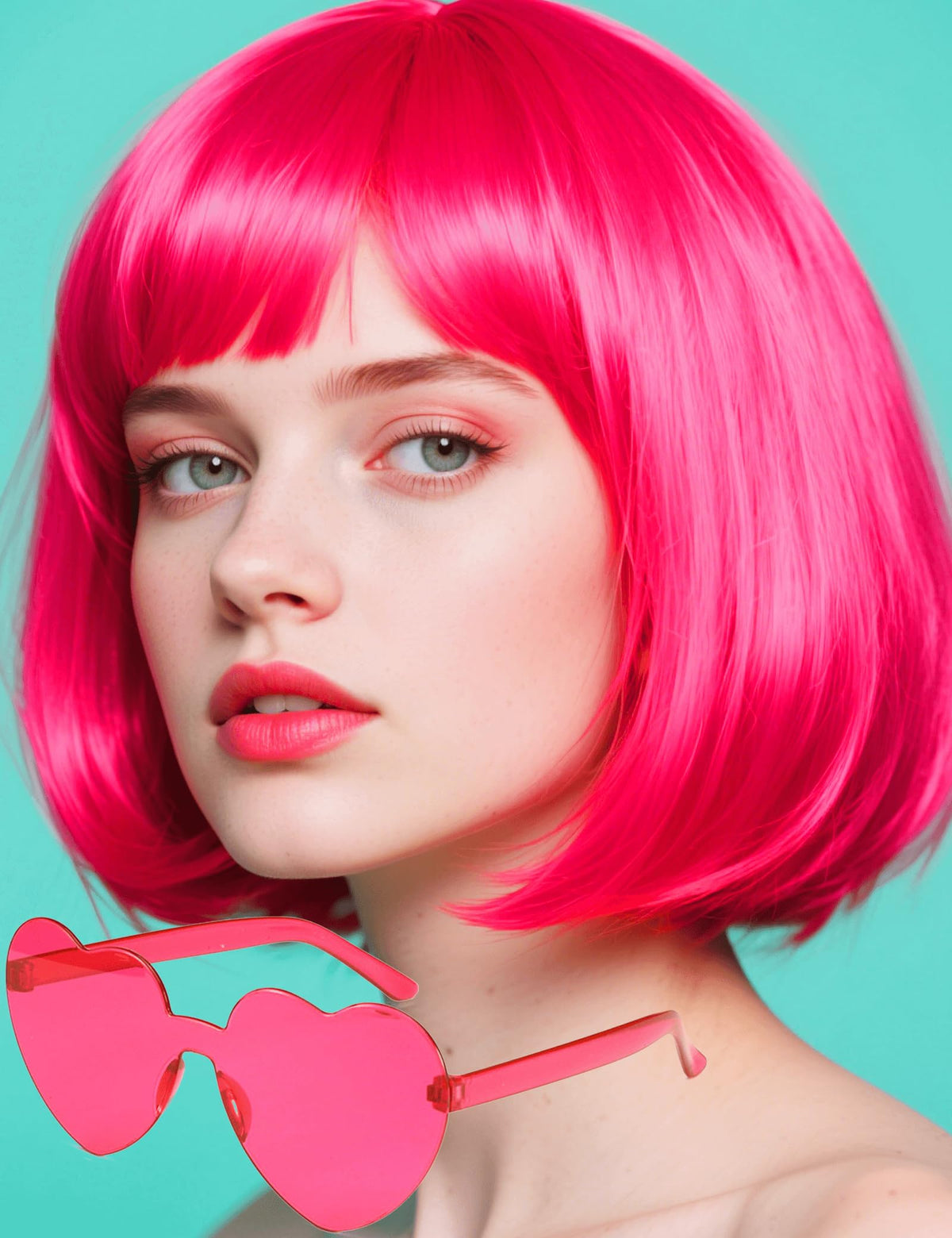 FSLLZCJY pink bob wig with heart sunglasses for cosplay and parties