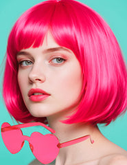 FSLLZCJY pink bob wig with heart sunglasses for cosplay and parties