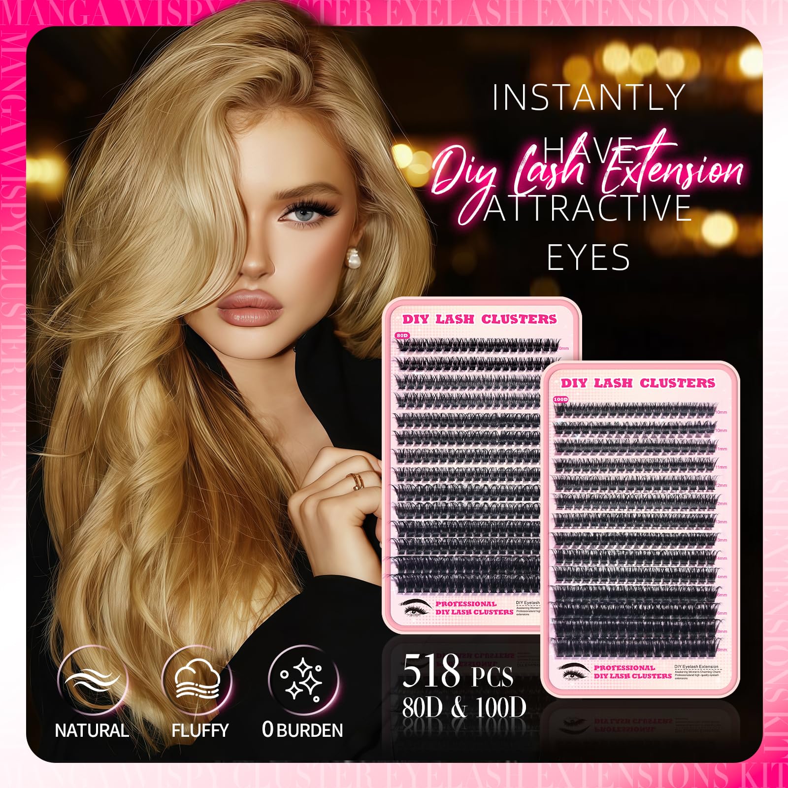 FTBZCF 518pcs lash clusters close-up showing lightweight natural fibers.