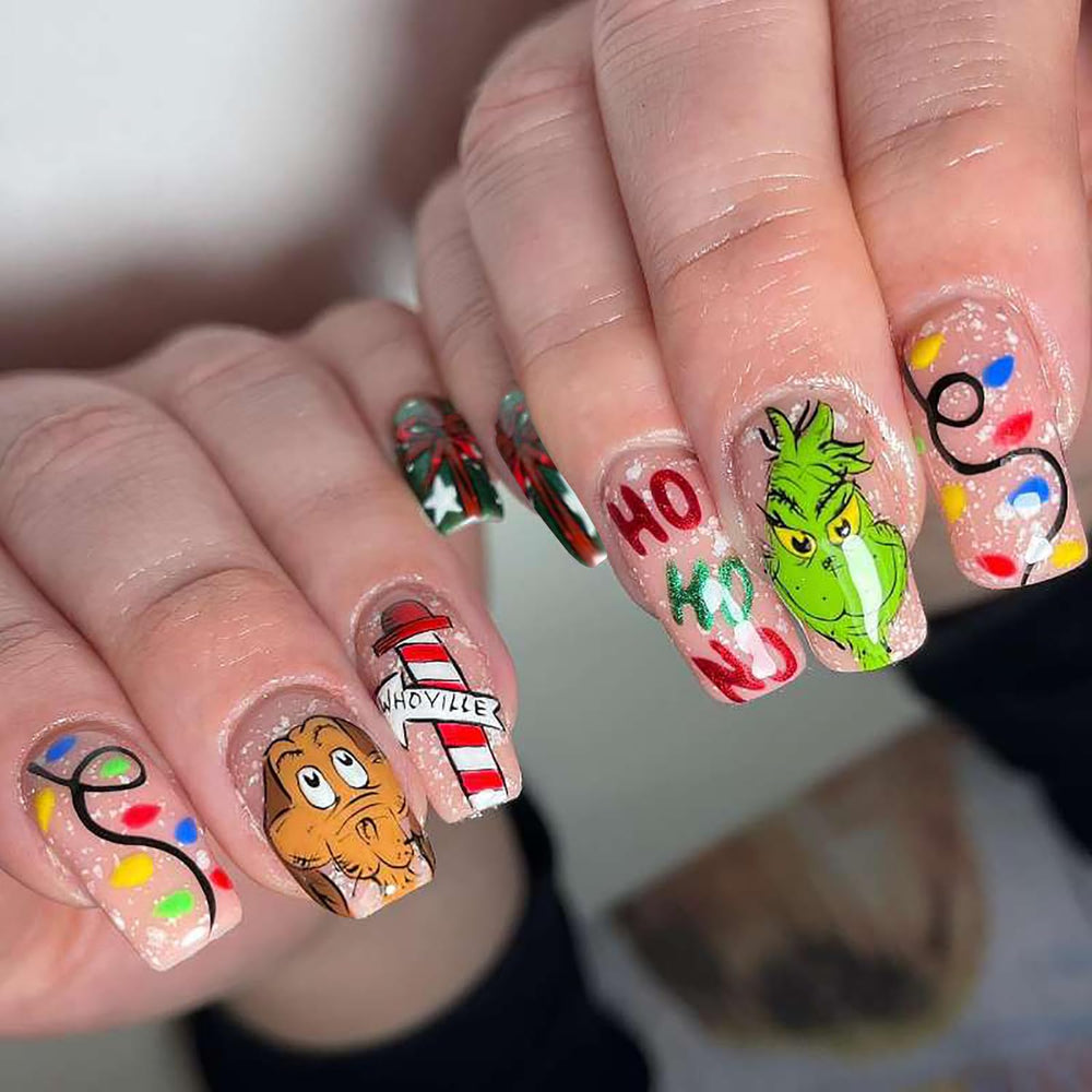 FUKIDOG Christmas nails with green monster design for a festive quick manicure