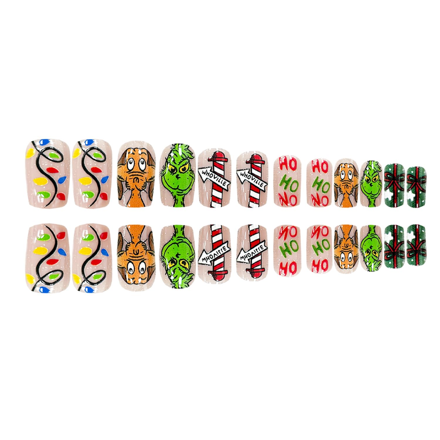 FUKIDOG medium square press-on nails featuring green monster design on natural nails