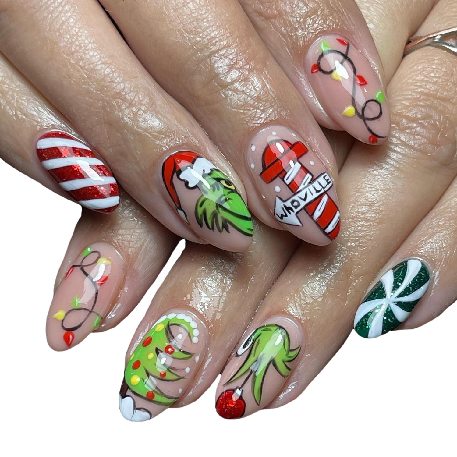 FUKIDOG Christmas nails with red and white stripes for a festive full-cover look.