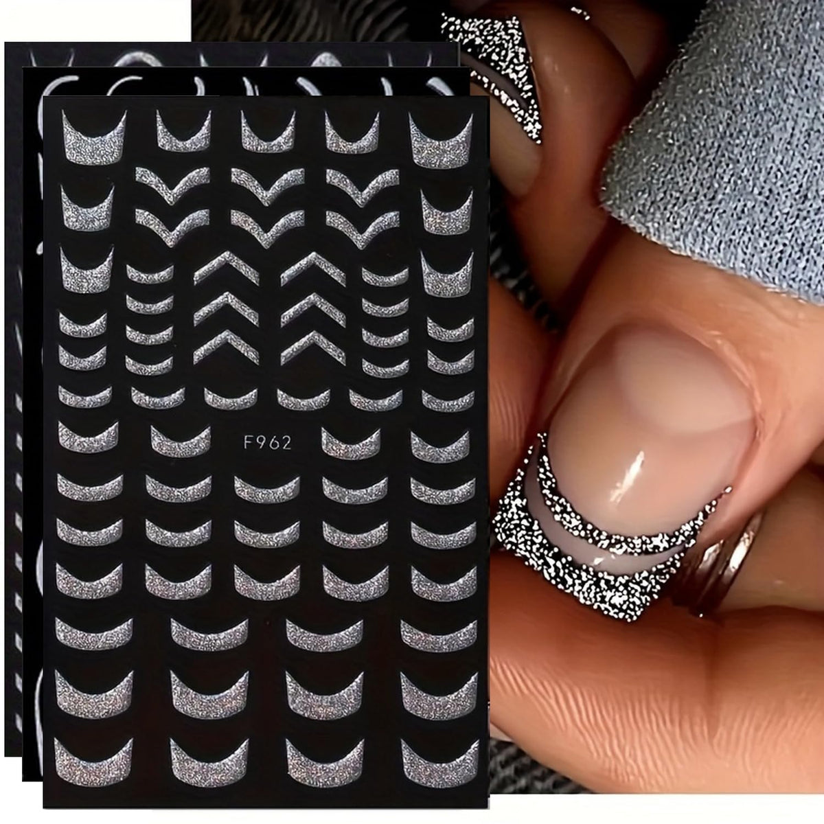 FUKIDOG French-tip 3D stickers with silver glitter for chic nails