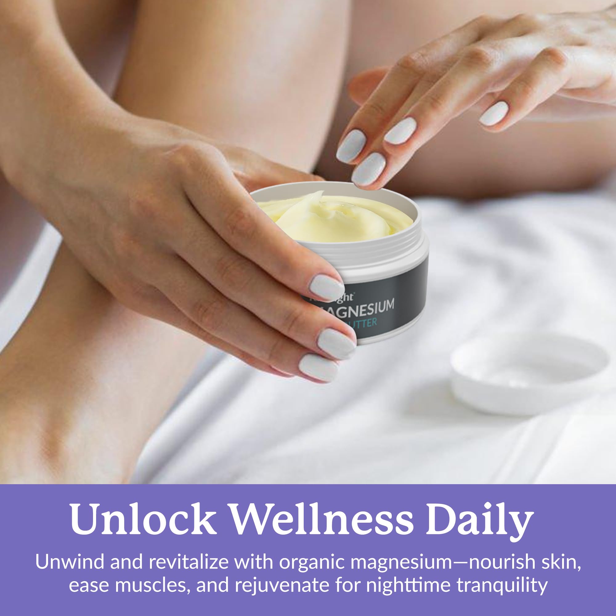 Full Eight Magnesium Body Butter reveals beeswax granules texture in warm hands.
