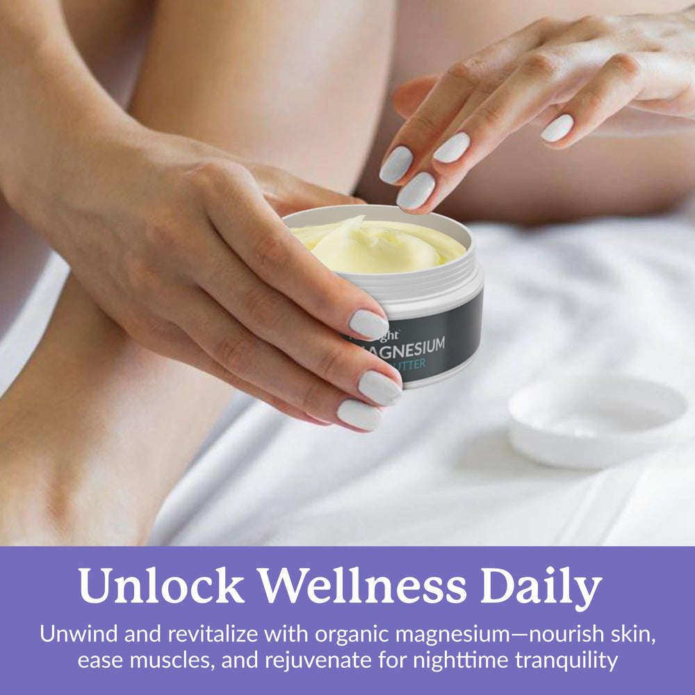 Full Eight Magnesium Body Butter reveals beeswax granules texture in warm hands.