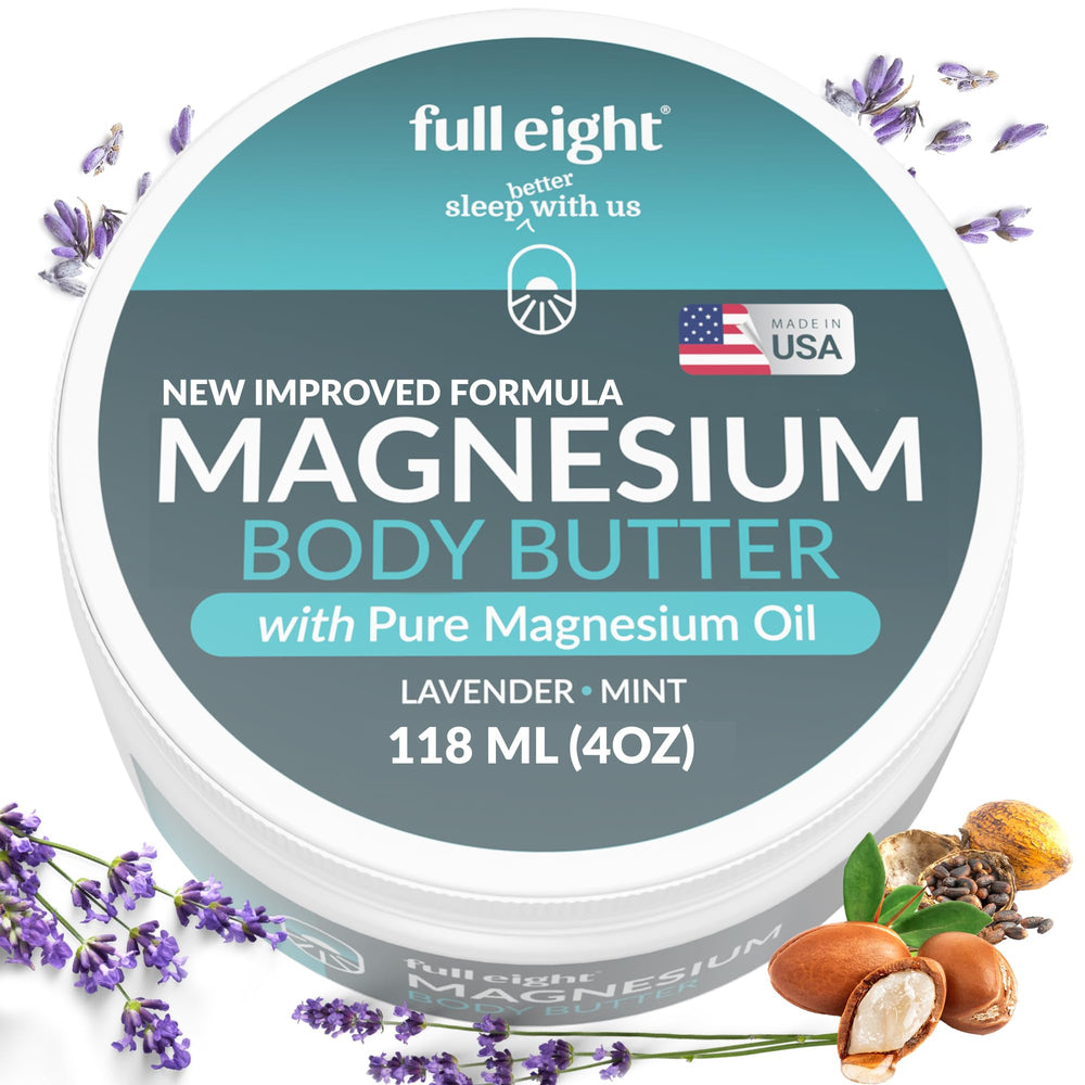 Full Eight Magnesium Body Butter jar closeup shows rich texture for deep tissue comfort and hydration.