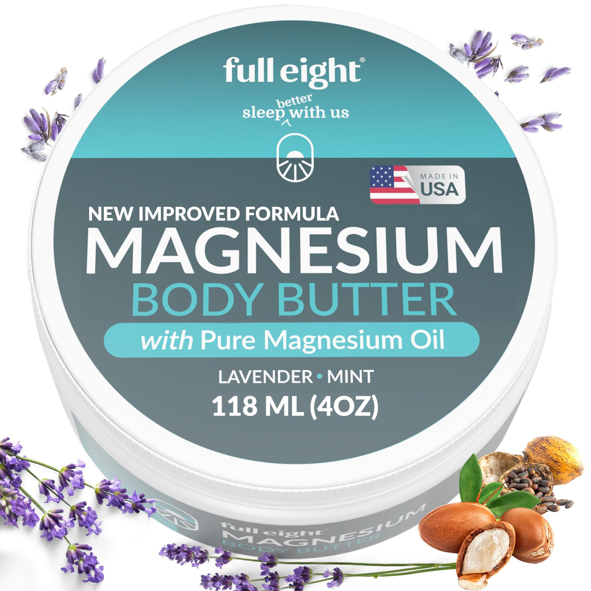 Full Eight Magnesium Body Butter jar closeup shows rich texture for deep tissue comfort and hydration.