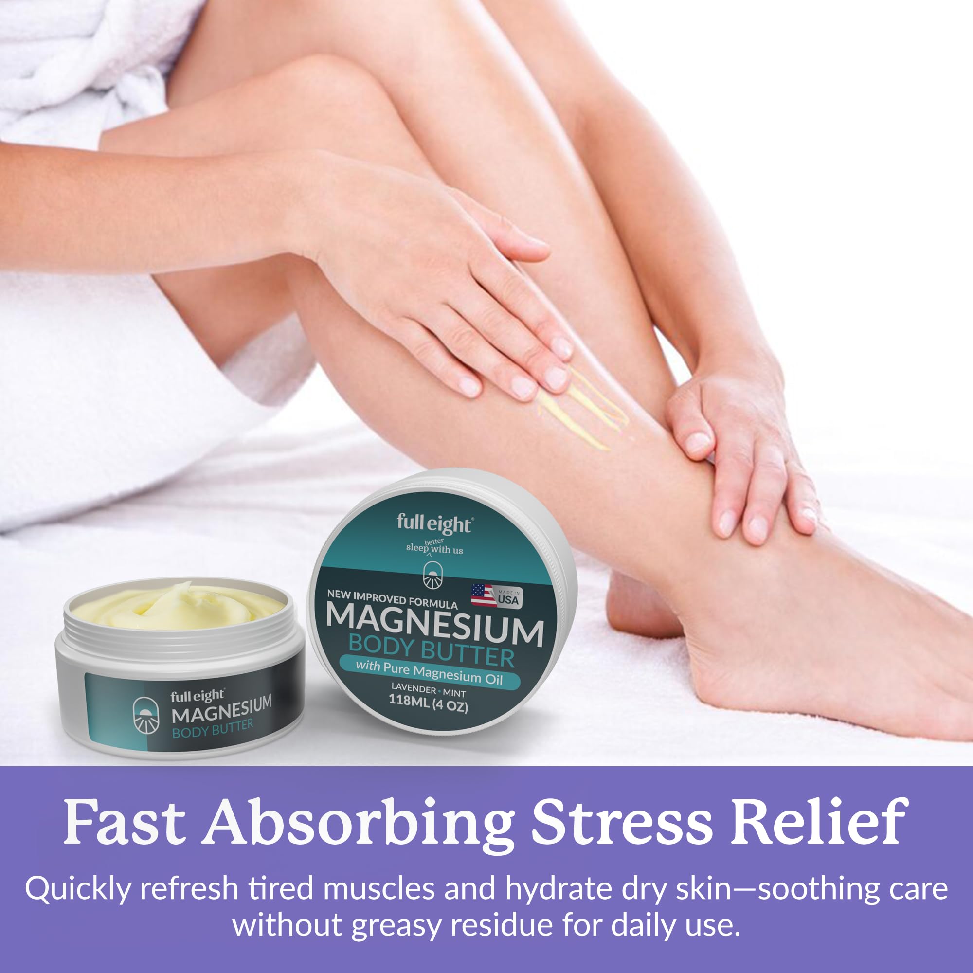 Full Eight Magnesium Body Butter 4oz packaging for convenient daily use.
