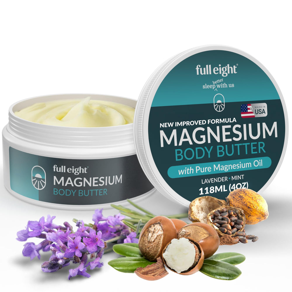 Full Eight Magnesium Body Butter texture during application promotes soothing leg relief.