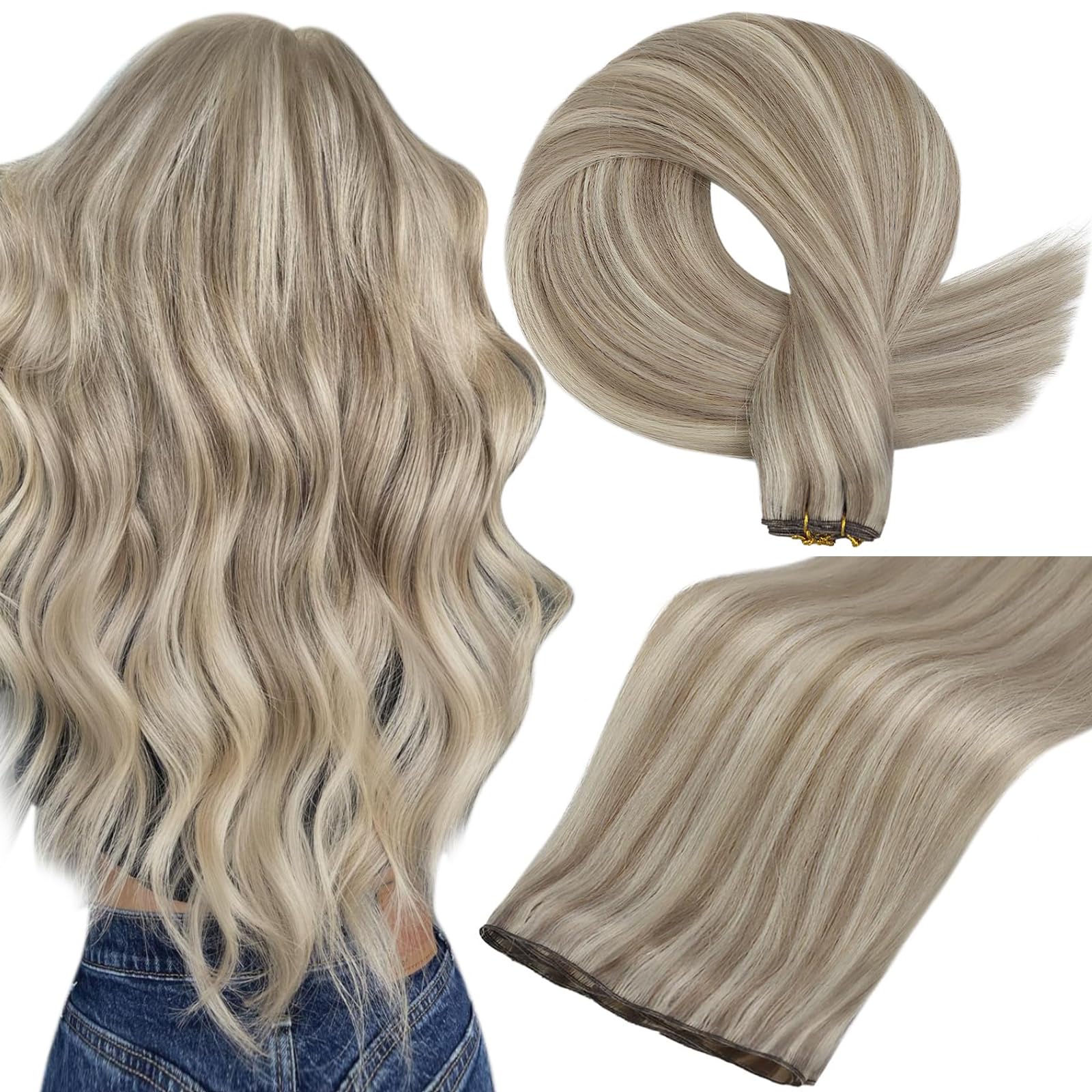 Full Shine 22-inch ash blonde hand-tied weft for natural blend